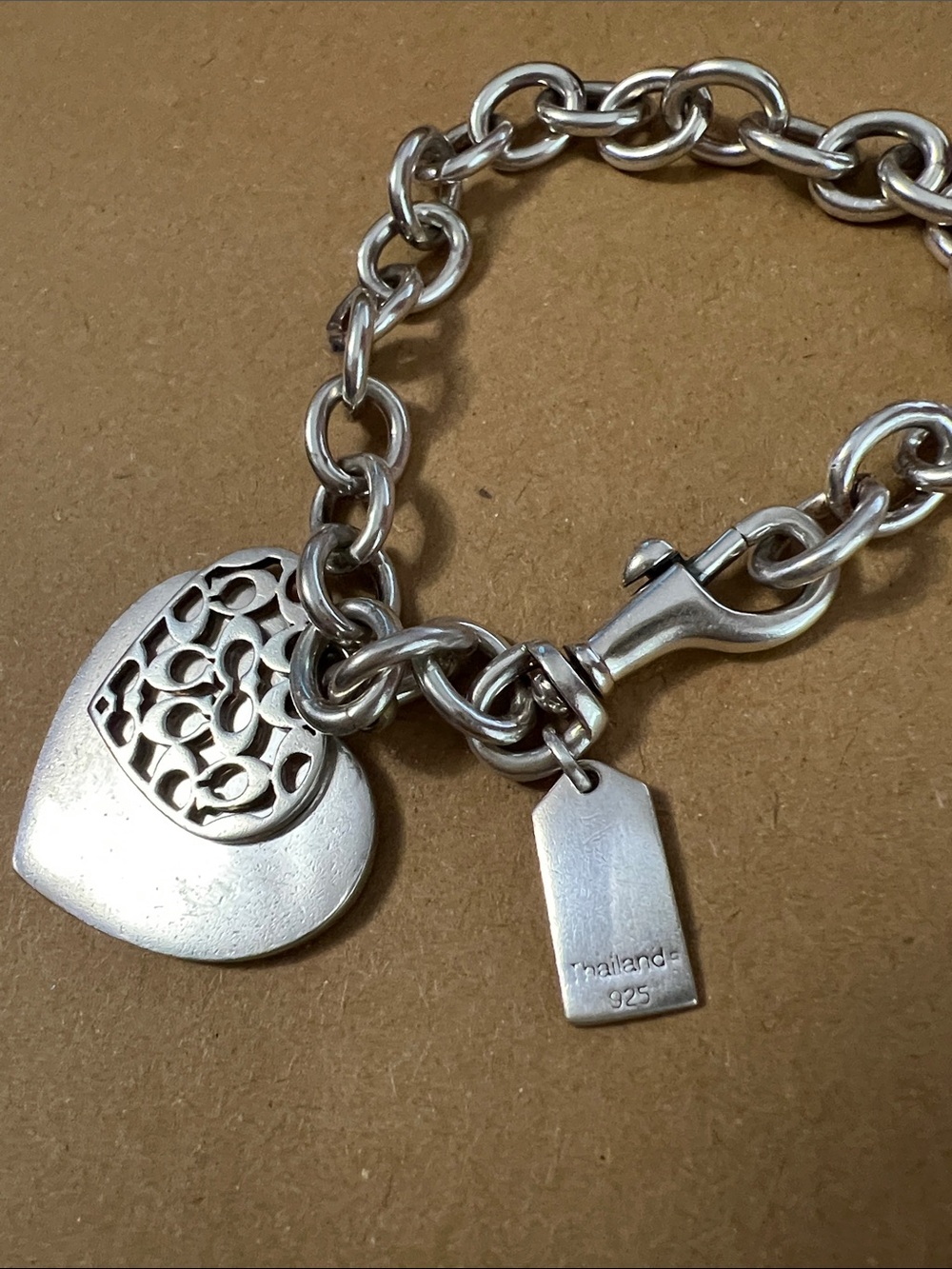 COACH Sterling Silver Double Heart 925 Bracelet with dog leash clasp 36 Grams - Picture 4 of 13